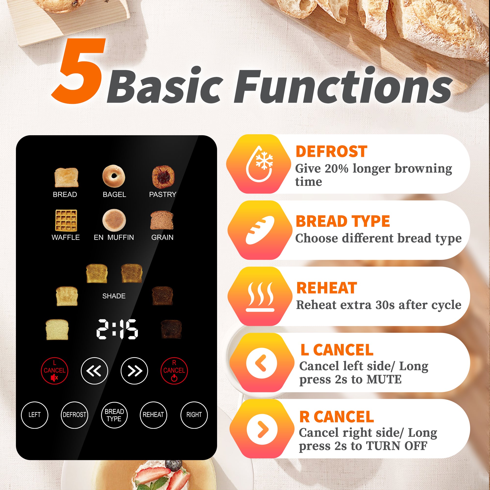 Whall 4 Slice Toaster with Touch Screen, 4 Wide Slots, Silver Stainless Steel Smart Bread Toasters Digital Timer, Dual Control Panel Toasters, Bagel