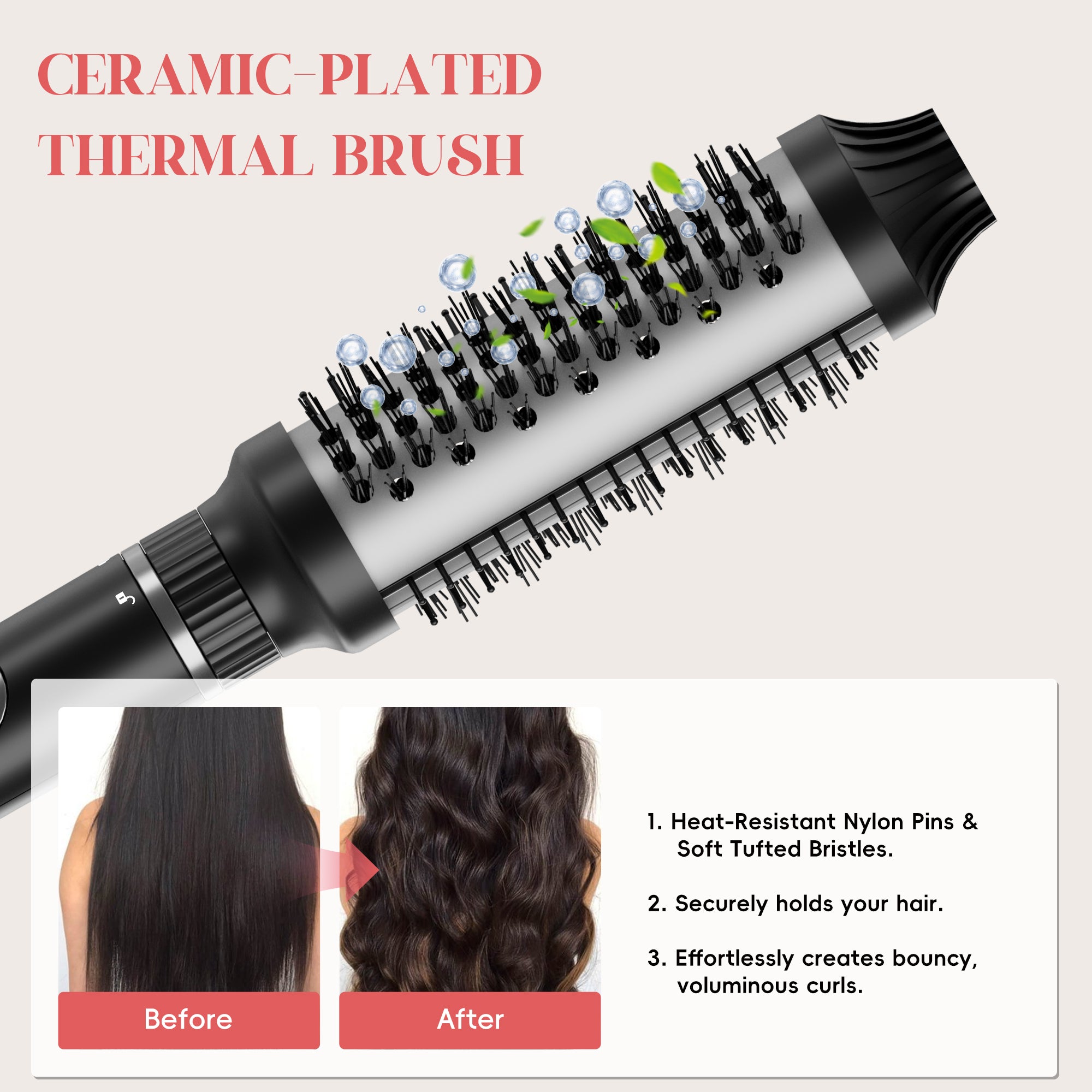 NICEBAY 4-in-1 Hair Tool set - Hair Straightening Brush, Thermal Brush, Flat Iron & 1" Ceramic Curling Iron, 5 Temps