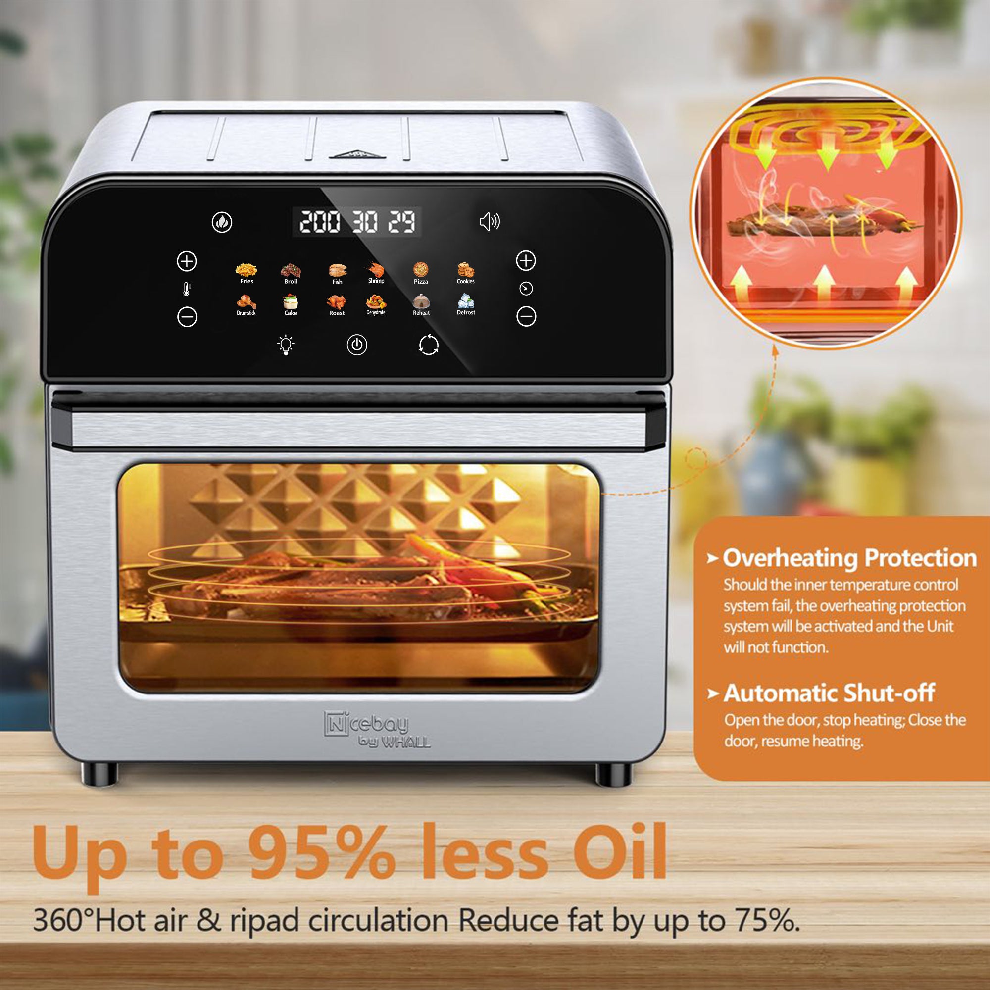 Whall 12L Touchscreen Air Fryer Toaster Oven, 12 Pre-set Menus, Clear Window, Less Oil 95%