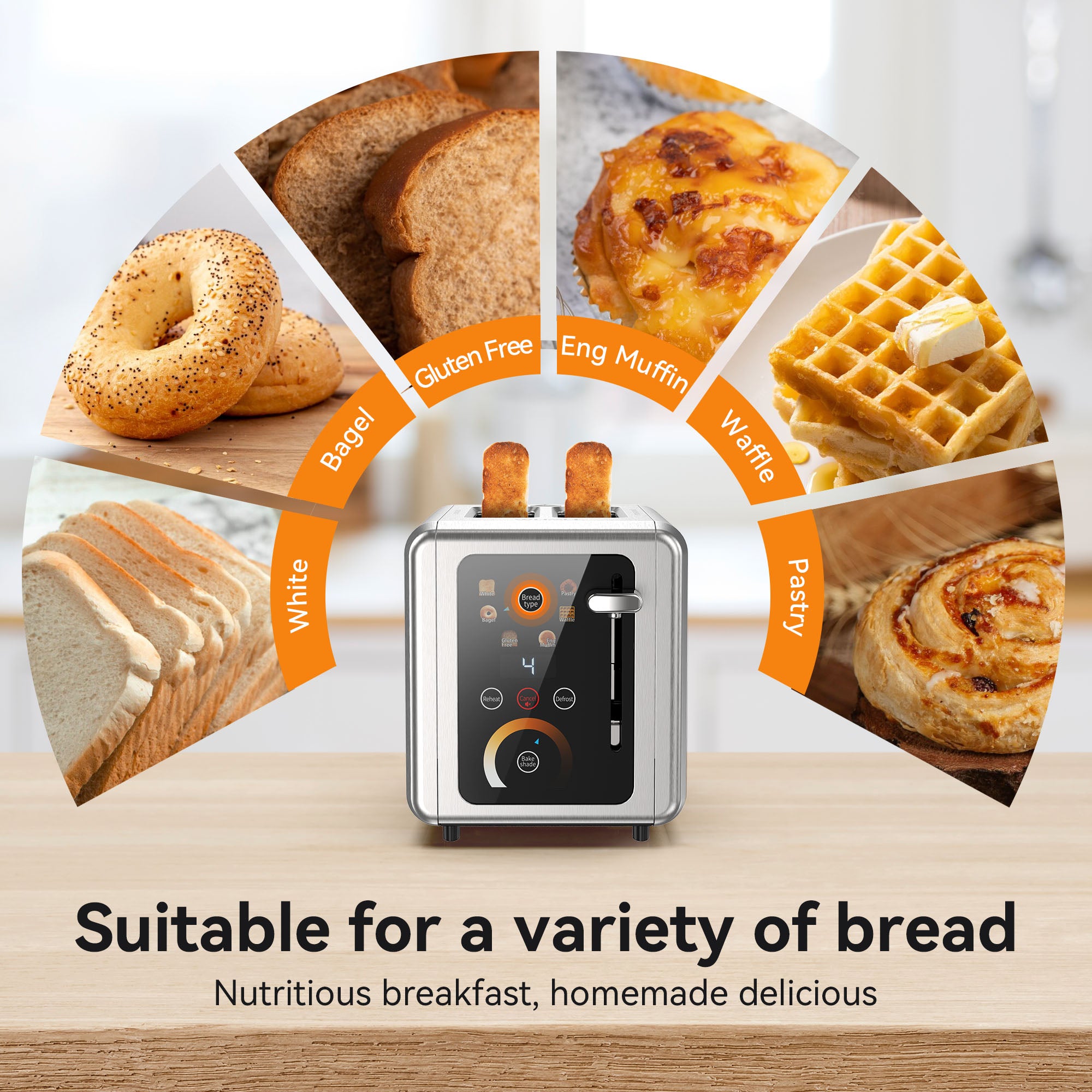WHALL Touchscreen Toaster 2 Slice,  Stainless Steel, Warming Rack, Wide Slots, Bagel, Defrost, 850W