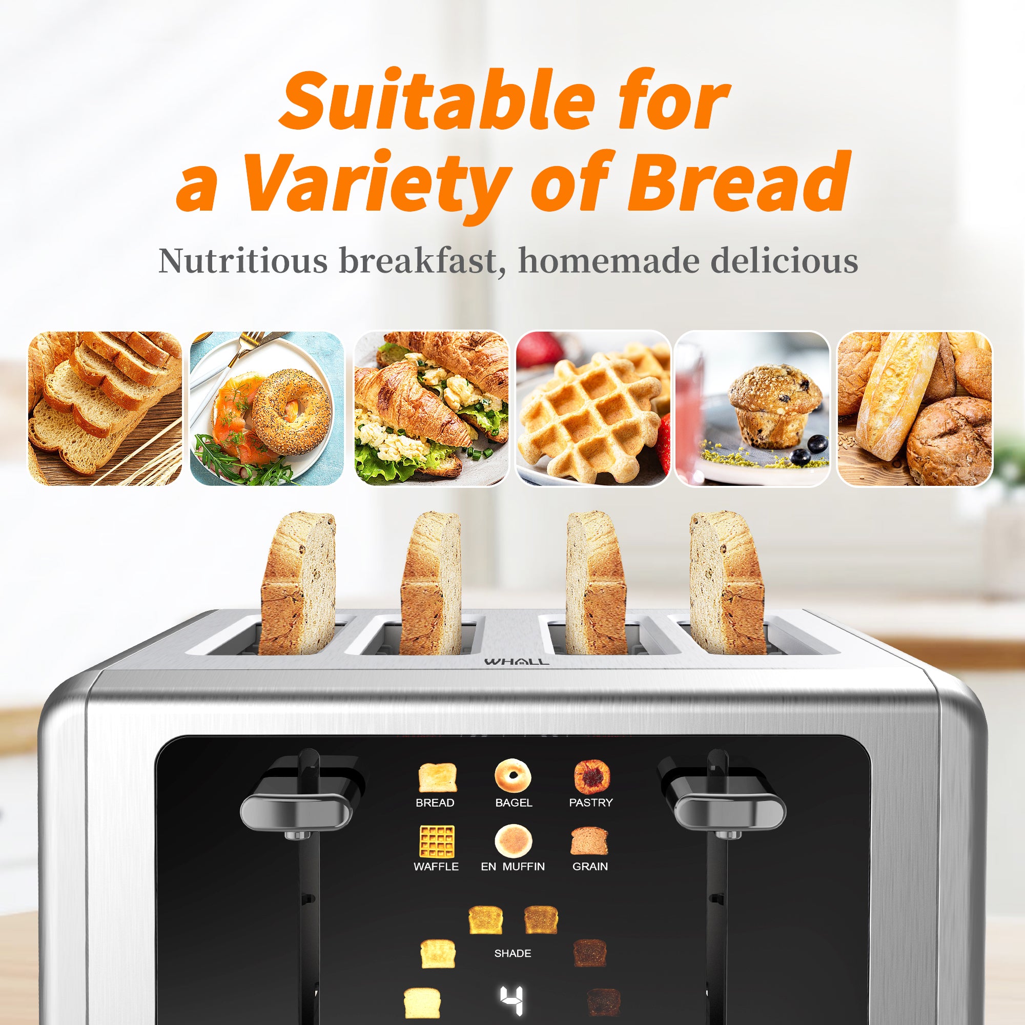 Whall 4 Slice Toaster with Touch Screen, 4 Wide Slots, Silver Stainless Steel Smart Bread Toasters Digital Timer, Dual Control Panel Toasters, Bagel