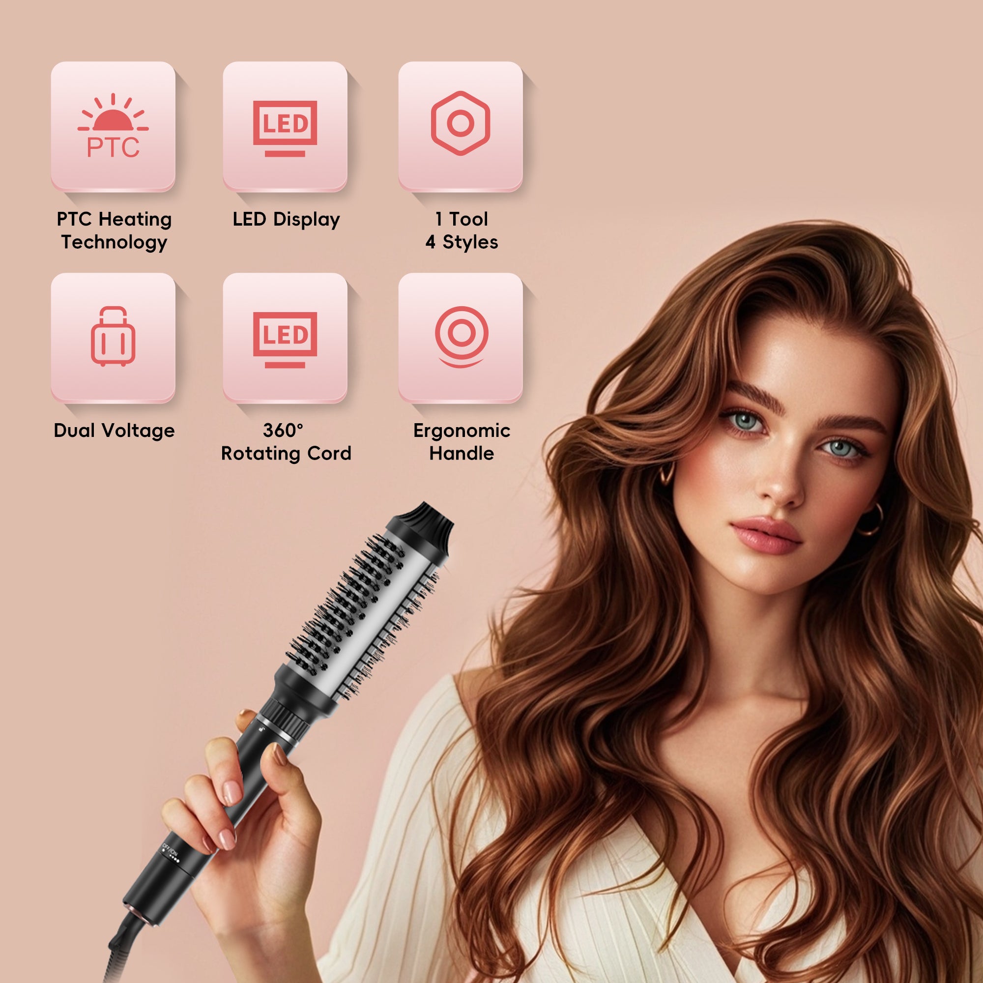 NICEBAY 4-in-1 Hair Tool set - Hair Straightening Brush, Thermal Brush, Flat Iron & 1" Ceramic Curling Iron, 5 Temps