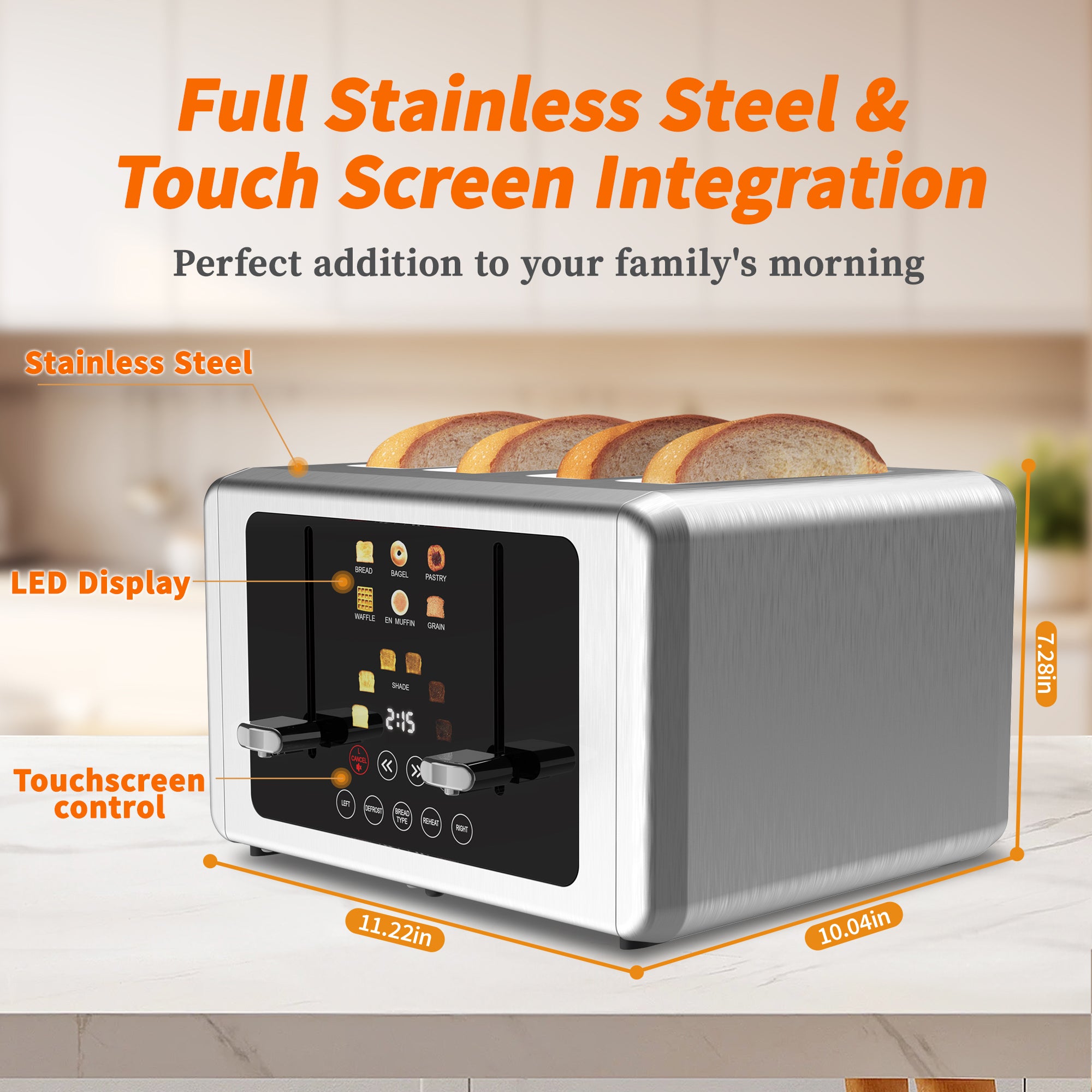 Whall 4 Slice Toaster with Touch Screen, 4 Wide Slots, Silver Stainless Steel Smart Bread Toasters Digital Timer, Dual Control Panel Toasters, Bagel