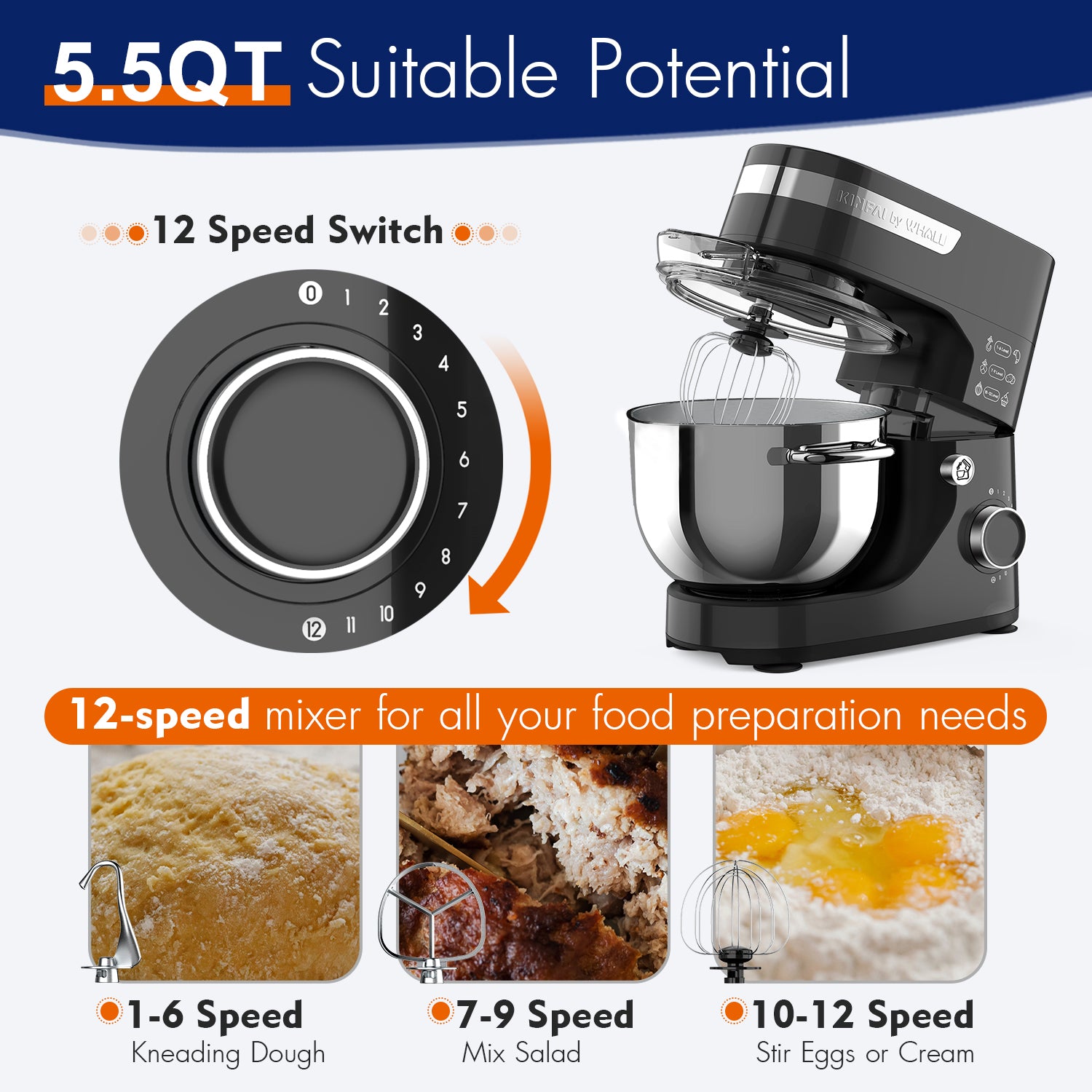 WHALL Stand Mixer,12-Speed Tilt-Head Electric Kitchen Mixer with Dough Hook/Wire Whip/Beater, Stainless Steel Bowl Black
