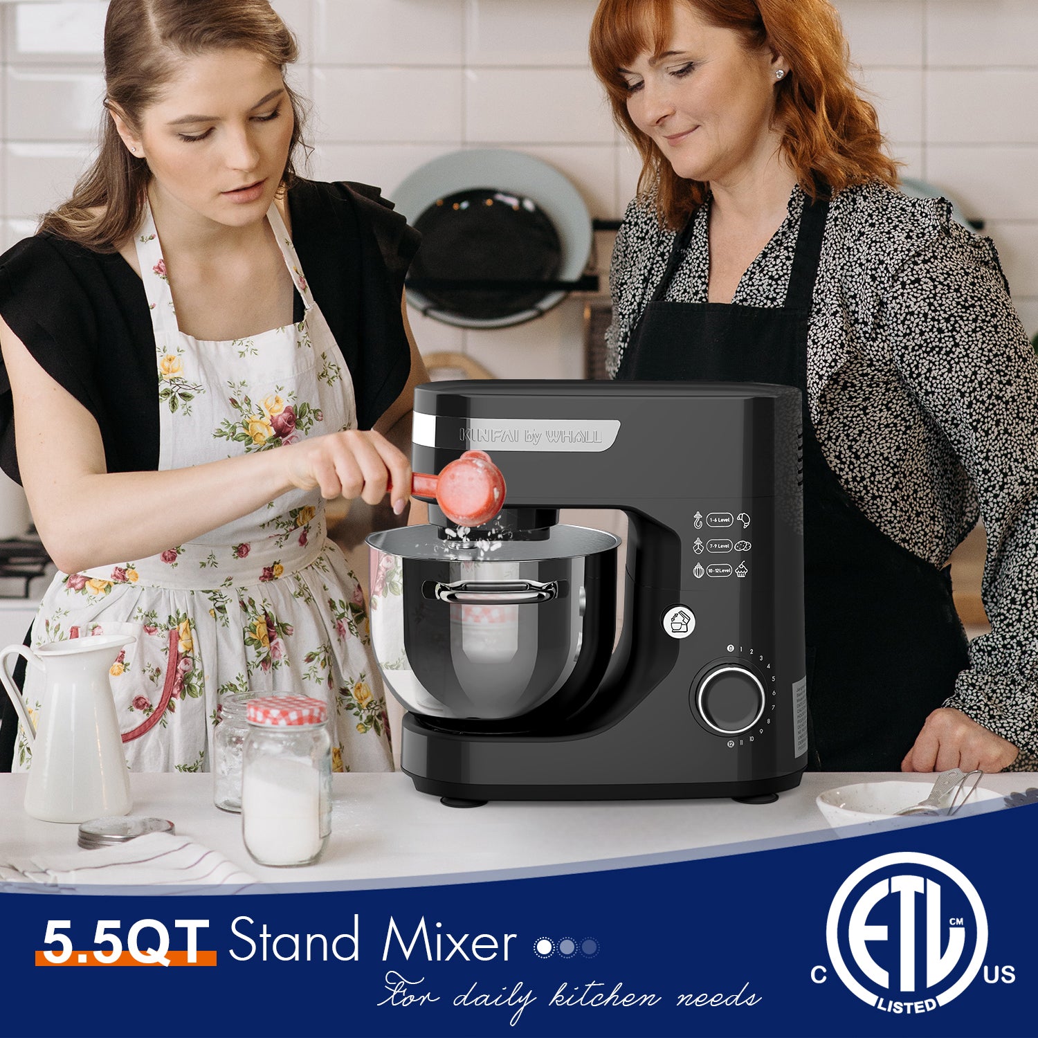 WHALL Stand Mixer,12-Speed Tilt-Head Electric Kitchen Mixer with Dough Hook/Wire Whip/Beater, Stainless Steel Bowl Black