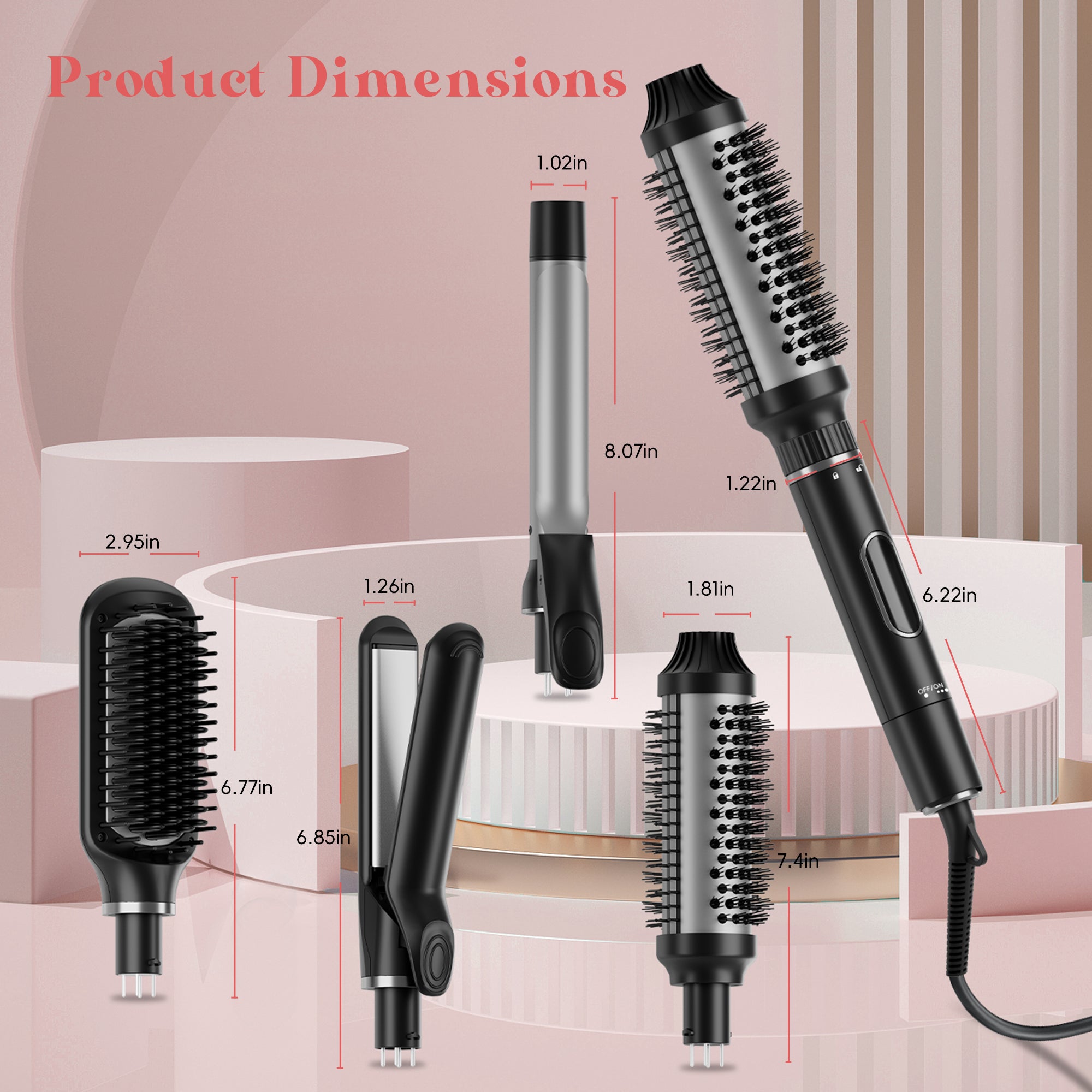 NICEBAY 4-in-1 Hair Tool set - Hair Straightening Brush, Thermal Brush, Flat Iron & 1" Ceramic Curling Iron, 5 Temps