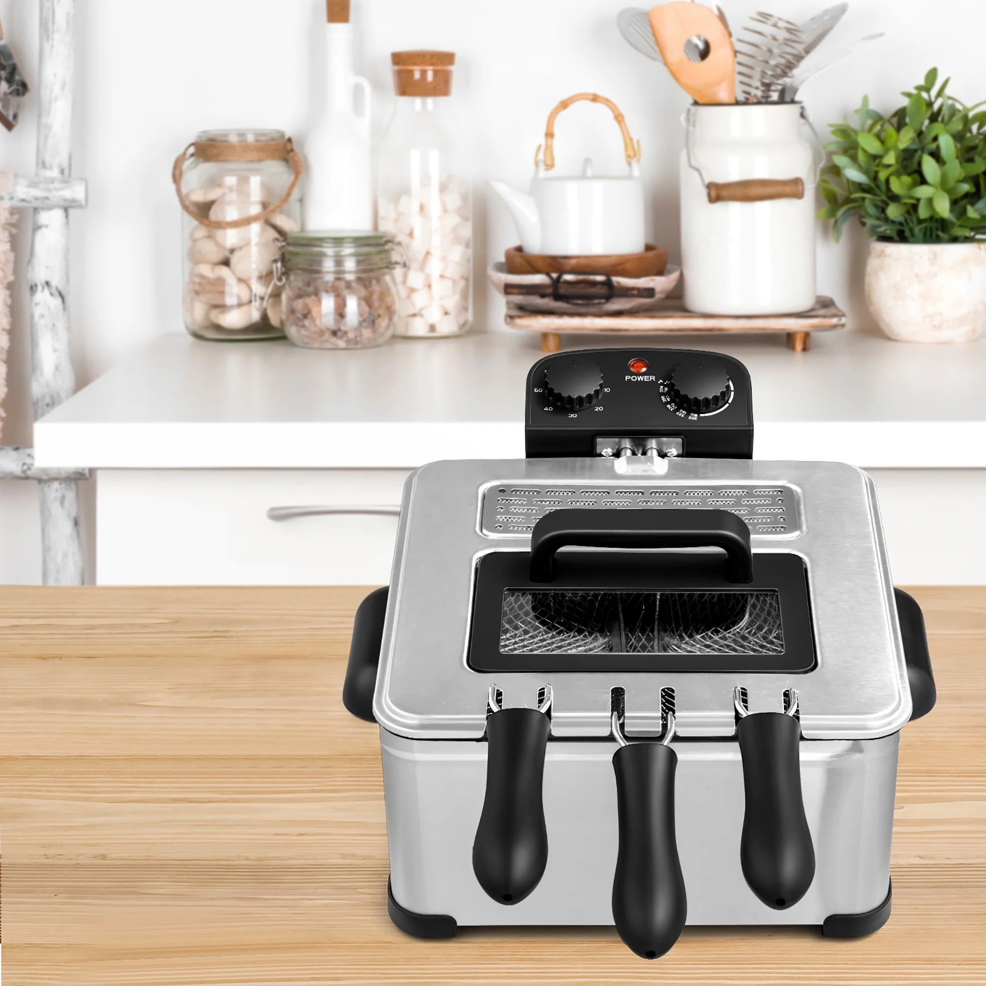 WHALL 5.3QT Electric Deep Fryer, 1700W Stainless Steel Fryer with Triple Baskets, Adjustable Temperature Control, Perfect for Family Meals and Parties