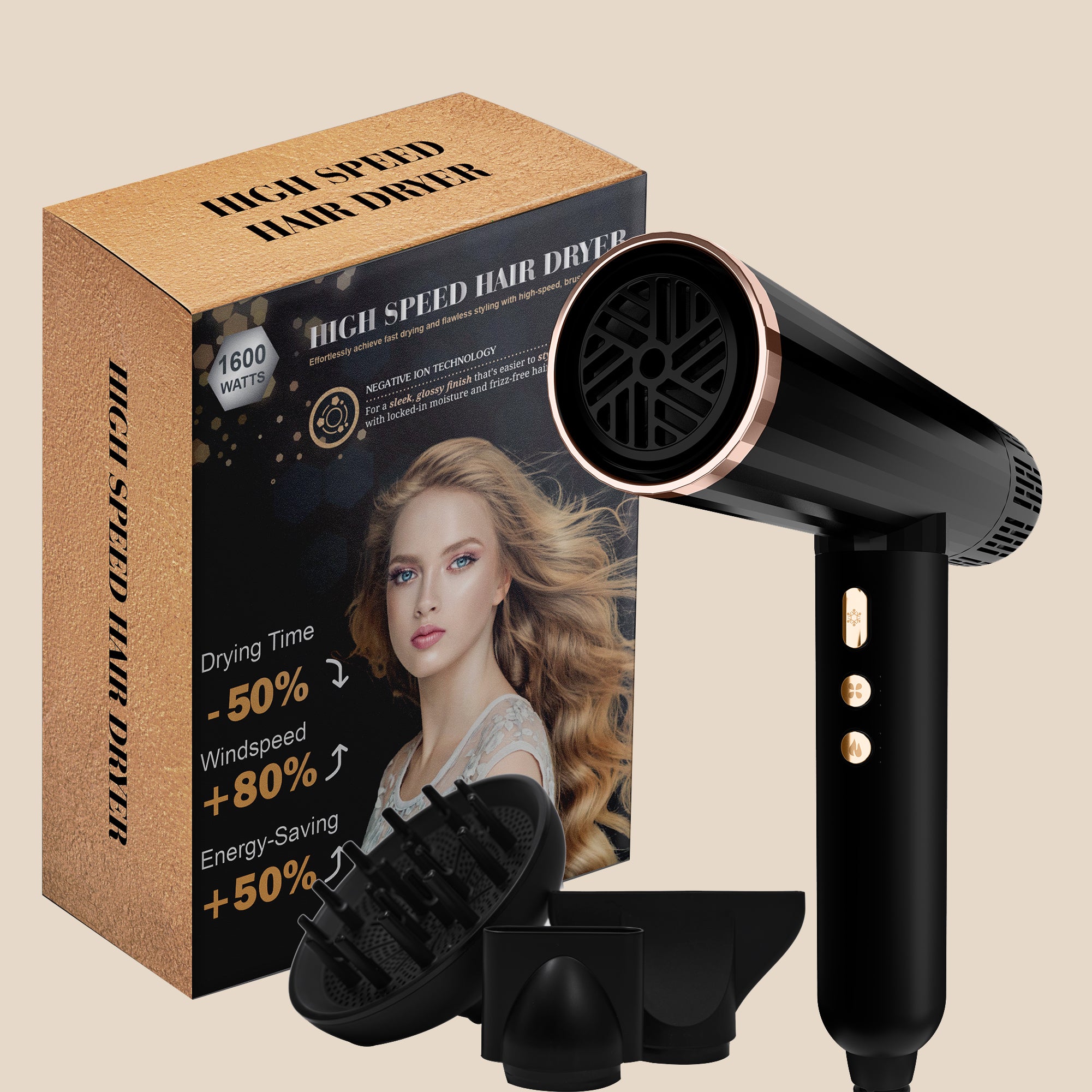 NICEBAY Hair Dryer with Brushless Motor, 110000RPM High-Speed Blow Dryer, Ionic Hair Dryer with Diffuser, Lightweight & Fast Drying, Low Noise, 1600W