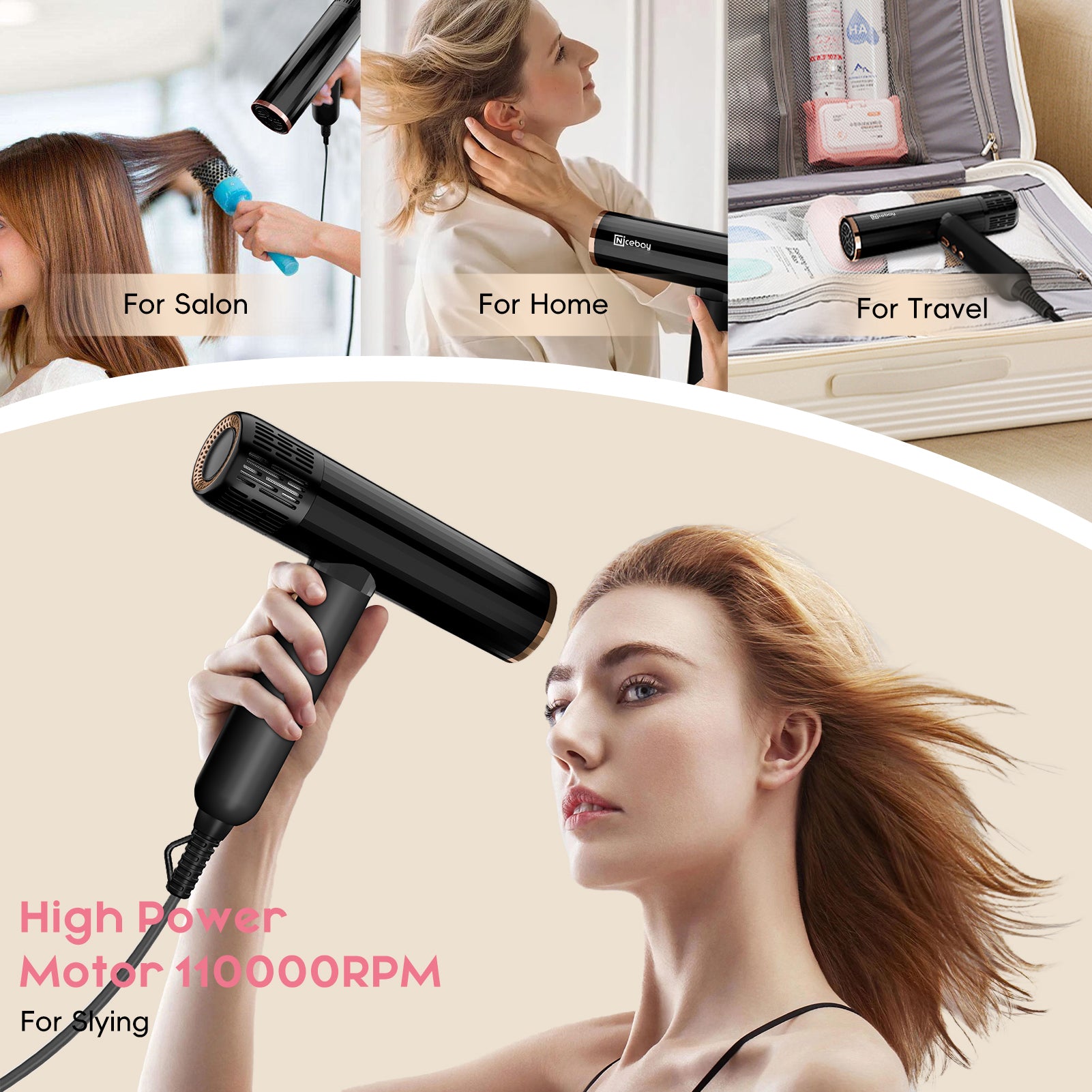 NICEBAY Hair Dryer with Brushless Motor, 110000RPM High-Speed Blow Dryer, Ionic Hair Dryer with Diffuser, Lightweight & Fast Drying, Low Noise, 1600W