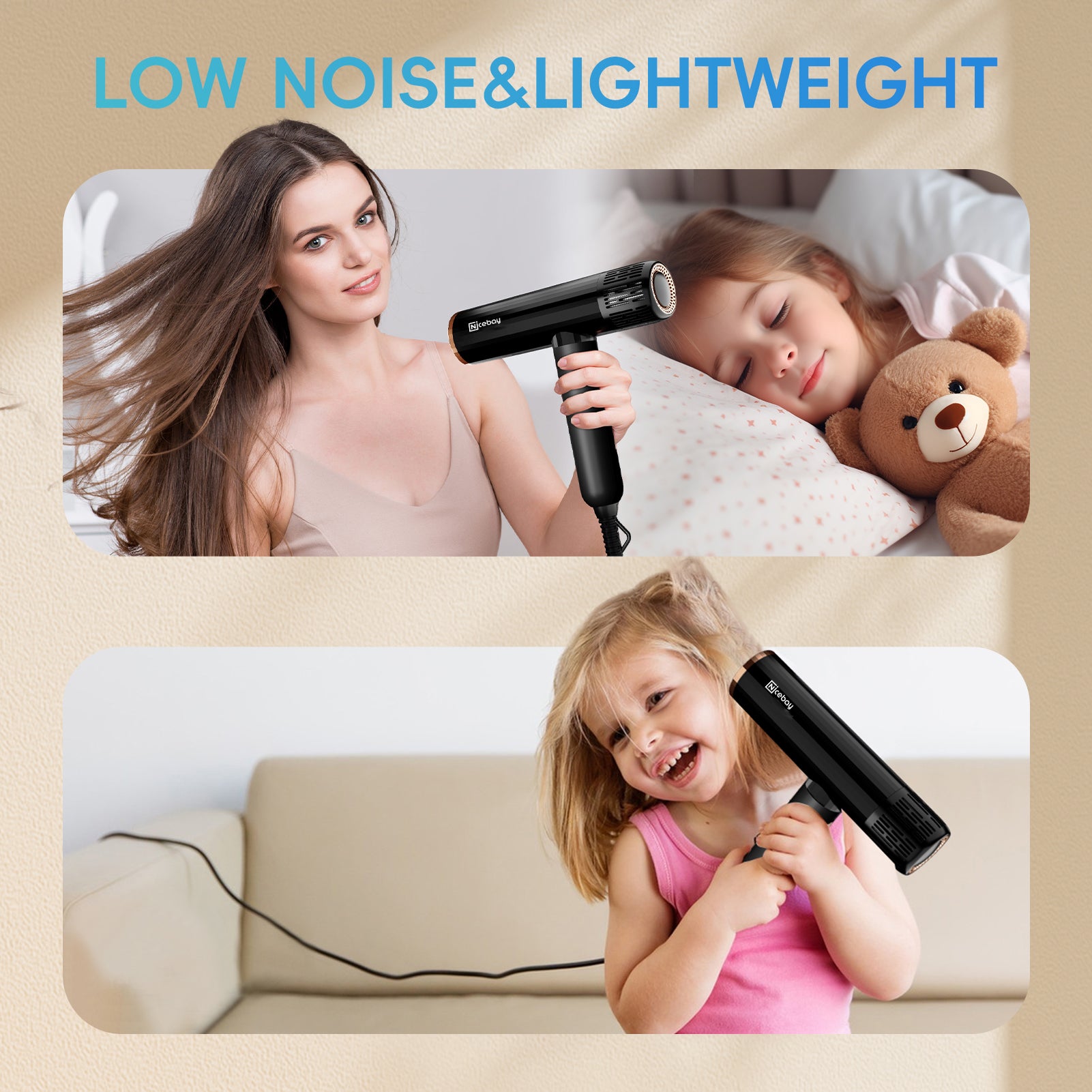 NICEBAY Hair Dryer with Brushless Motor, 110000RPM High-Speed Blow Dryer, Ionic Hair Dryer with Diffuser, Lightweight & Fast Drying, Low Noise, 1600W
