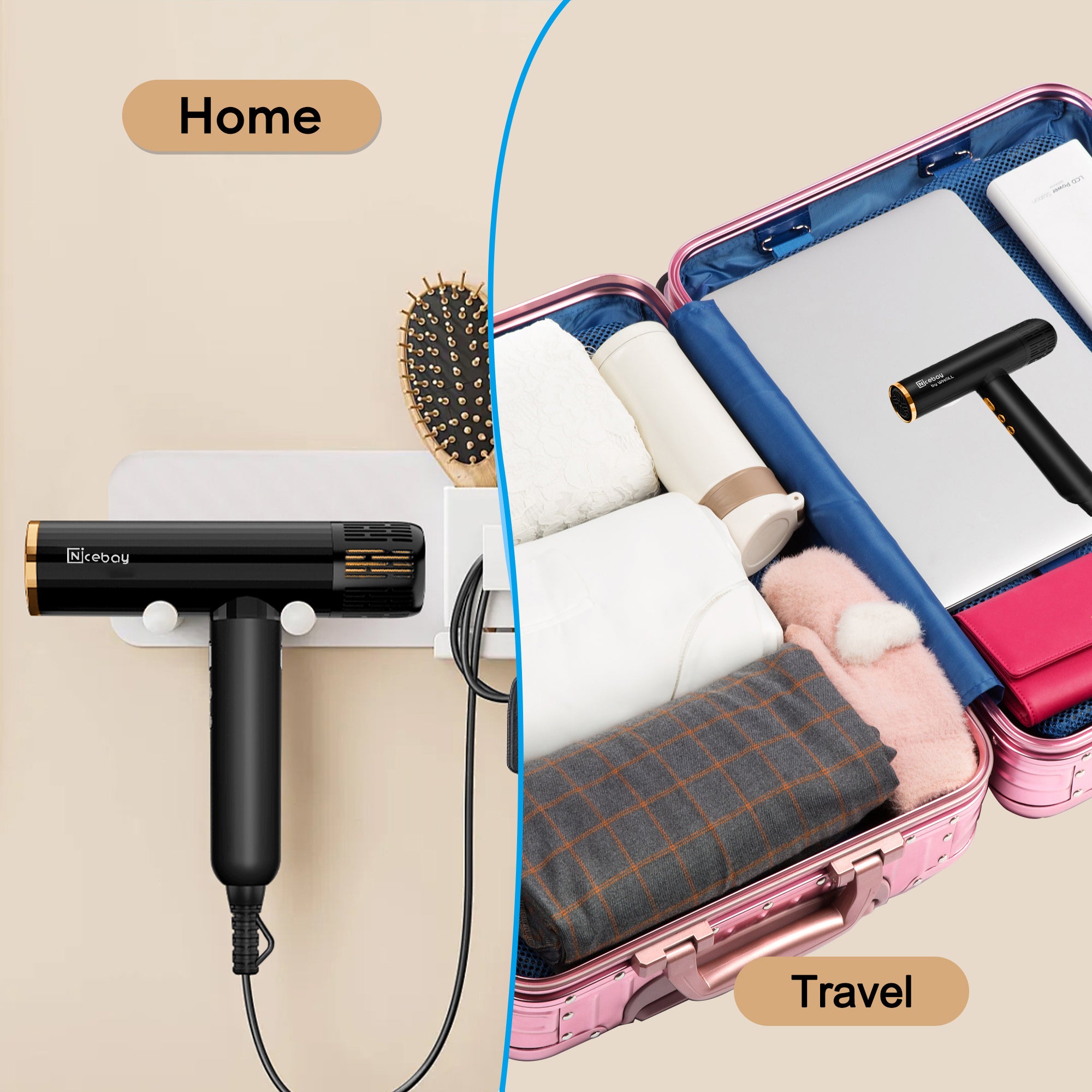 NICEBAY Hair Dryer with Brushless Motor, 110000RPM High-Speed Blow Dryer, Ionic Hair Dryer with Diffuser, Lightweight & Fast Drying, Low Noise, 1600W