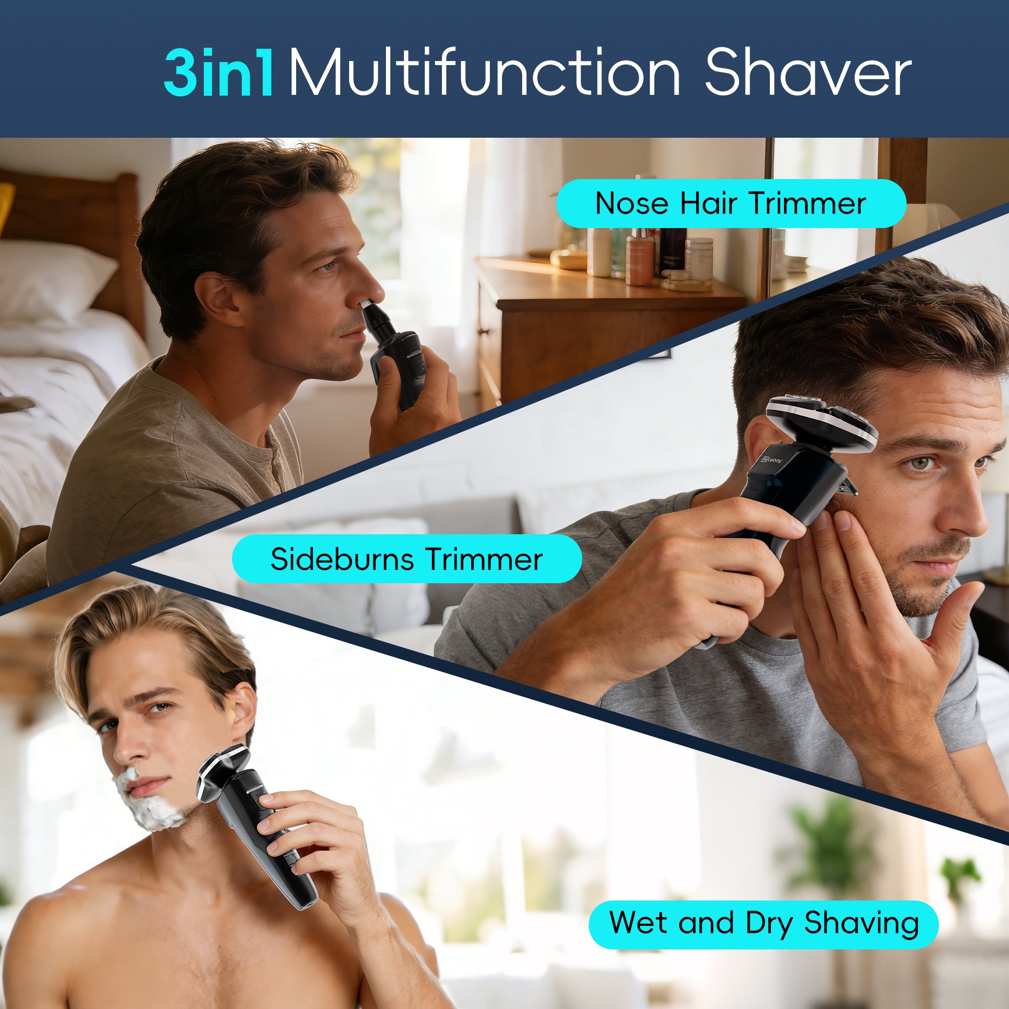 NICEBAY Electric Razor for Men, Wet/Dry Electric Shaver with Nose Trimmer, LED Display, Travel Lock, Type-C Charging Stand, IPX7 Waterproof