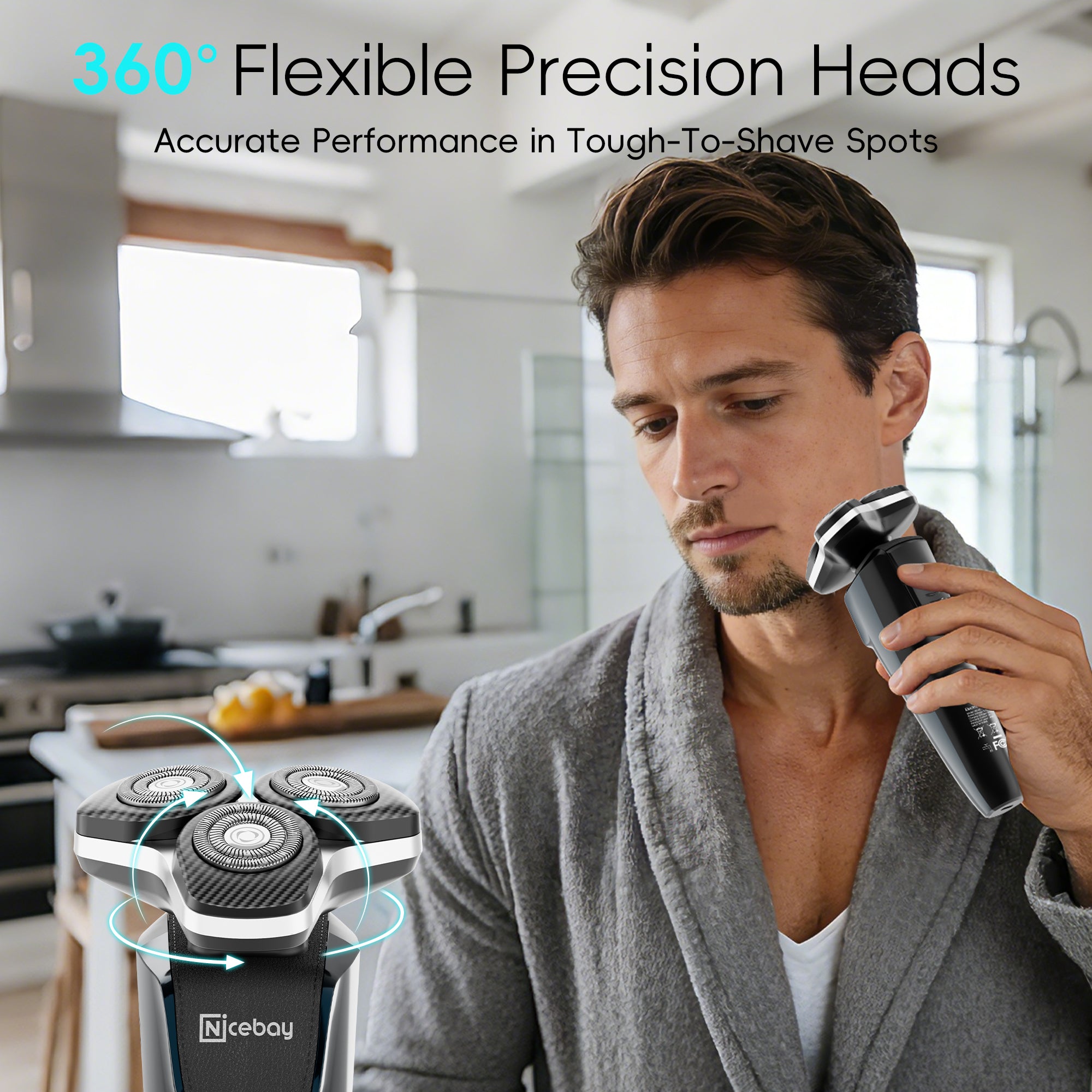NICEBAY Electric Razor for Men, Wet/Dry Electric Shaver with Nose Trimmer, LED Display, Travel Lock, Type-C Charging Stand, IPX7 Waterproof