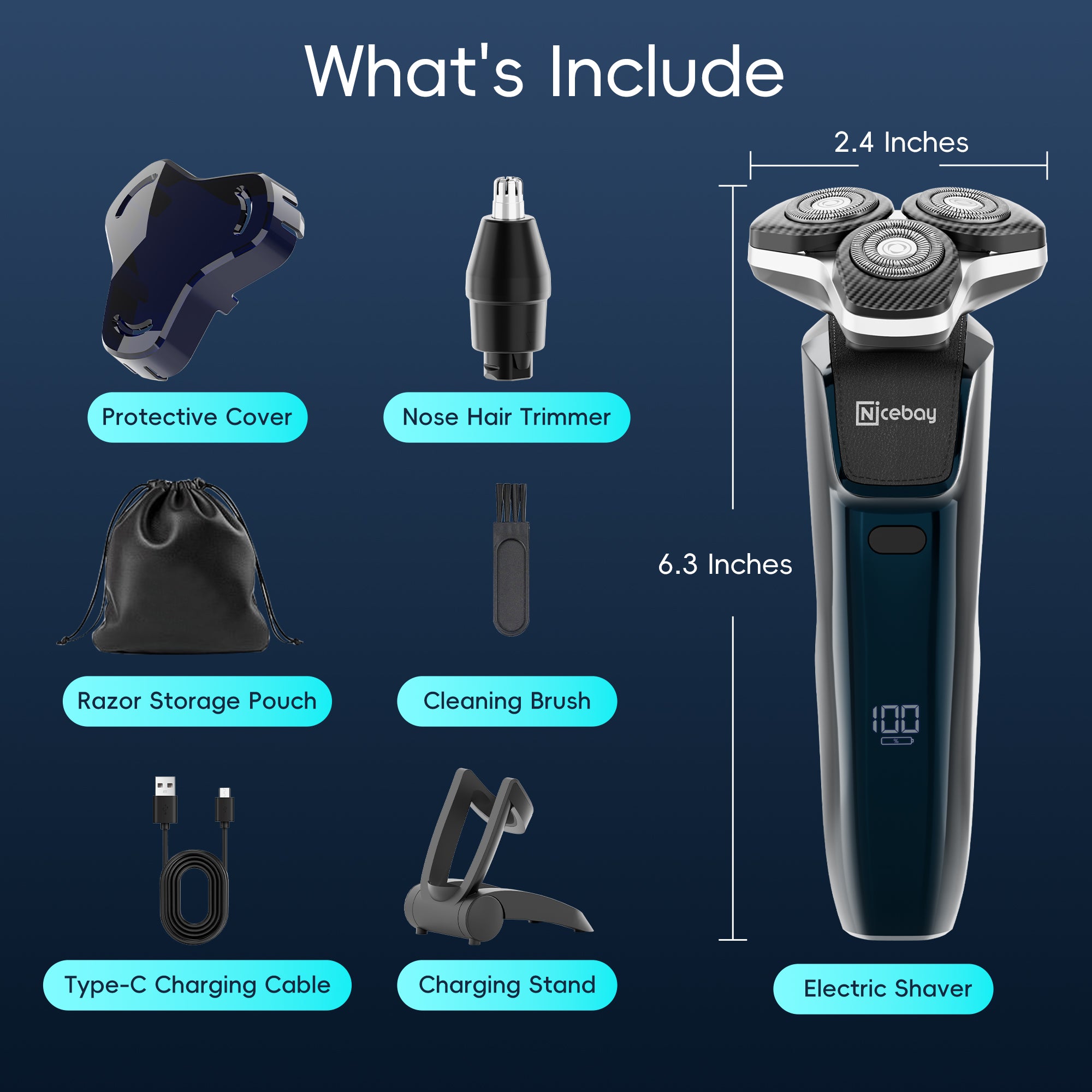 NICEBAY Electric Razor for Men, Wet/Dry Electric Shaver with Nose Trimmer, LED Display, Travel Lock, Type-C Charging Stand, IPX7 Waterproof