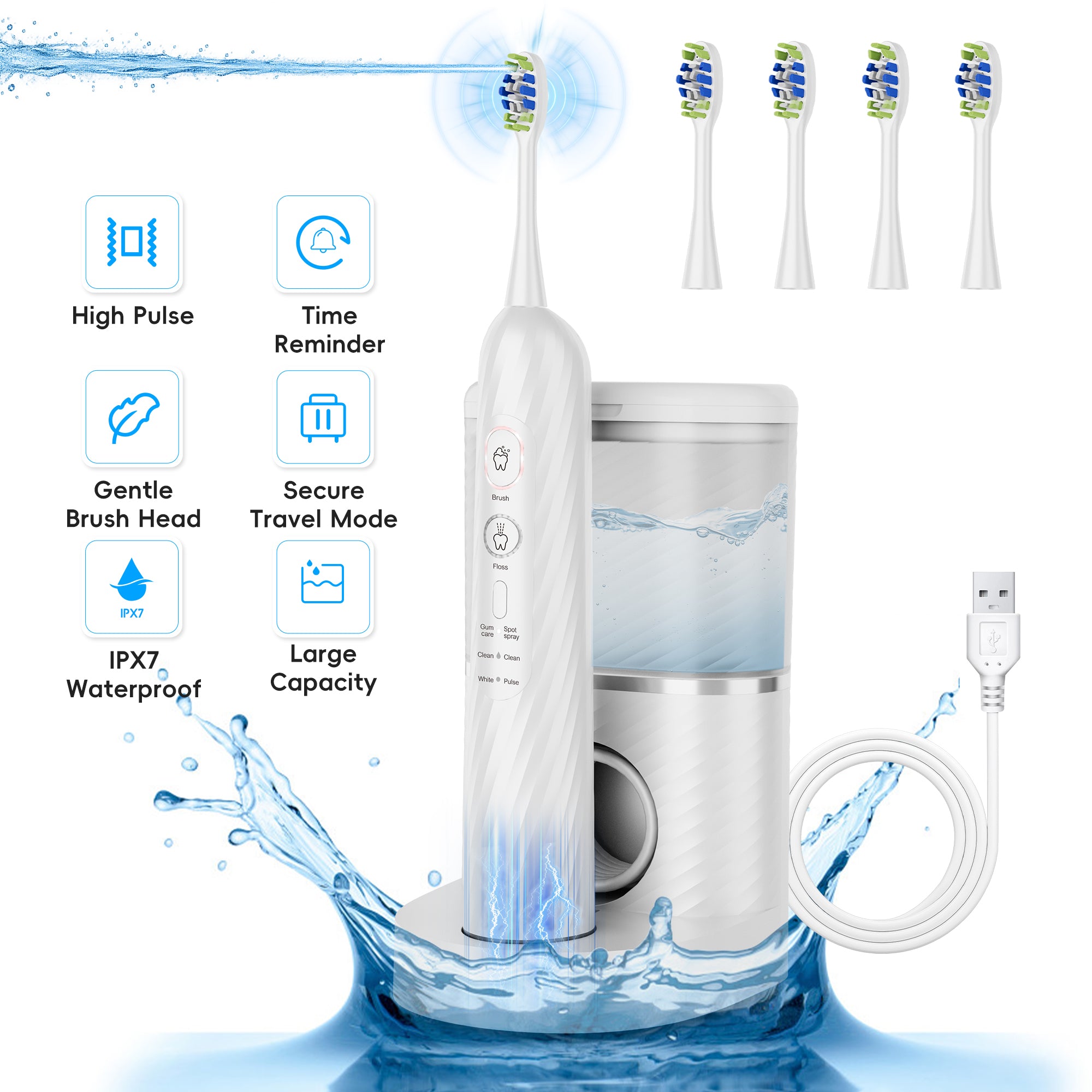 NICEBAY Electric Toothbrush and Water Flosser Combo, 6 Modes, IPX7 Waterproof, 90 Psi Water Pressure, 500mL Water Tank, 5 Brush Heads
