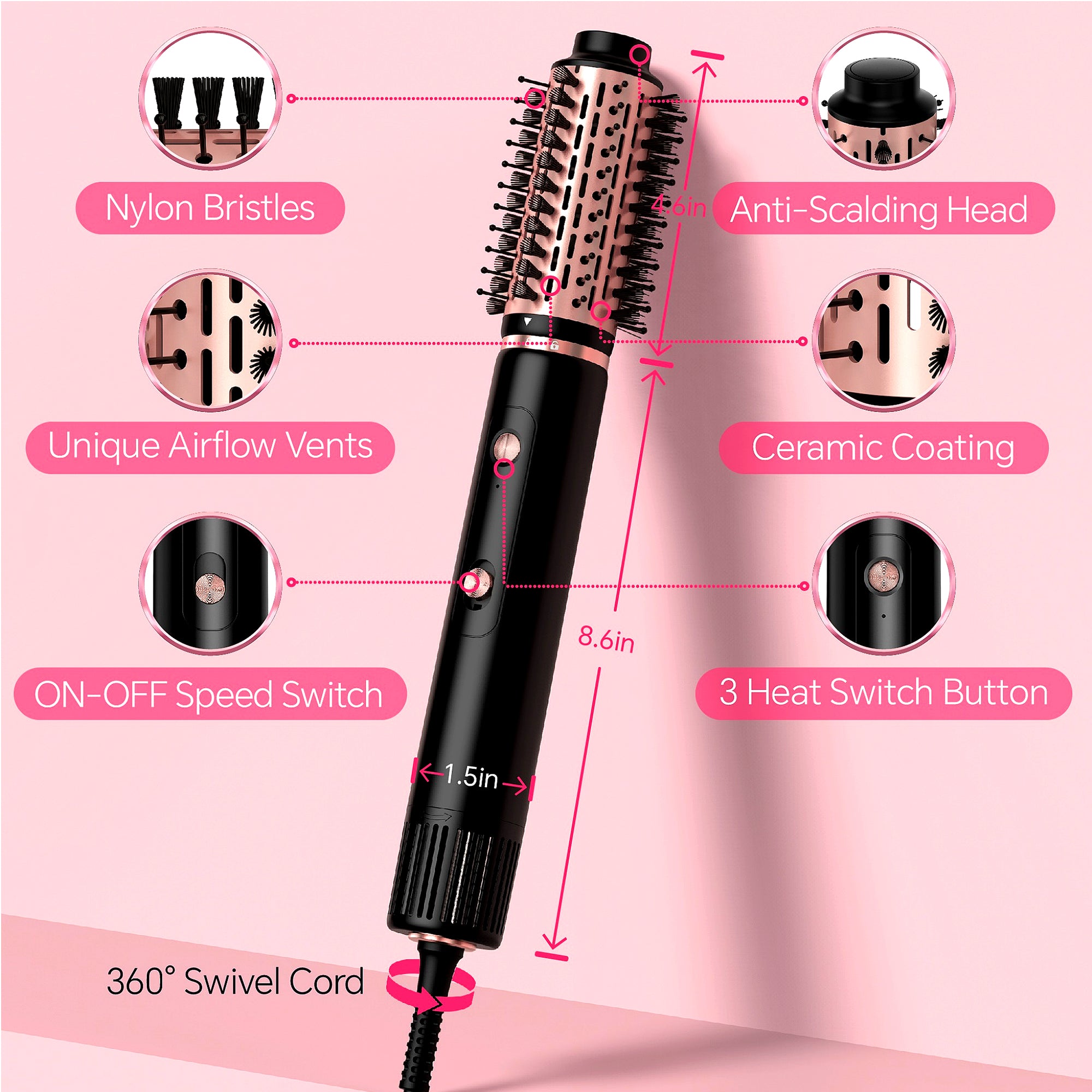 NICEBAY Hair Dryer Brush, Hot Air Brush with 110000RPM Brushless Motor, Blowout Dryer Brush 1300W,Hair Curling Iron