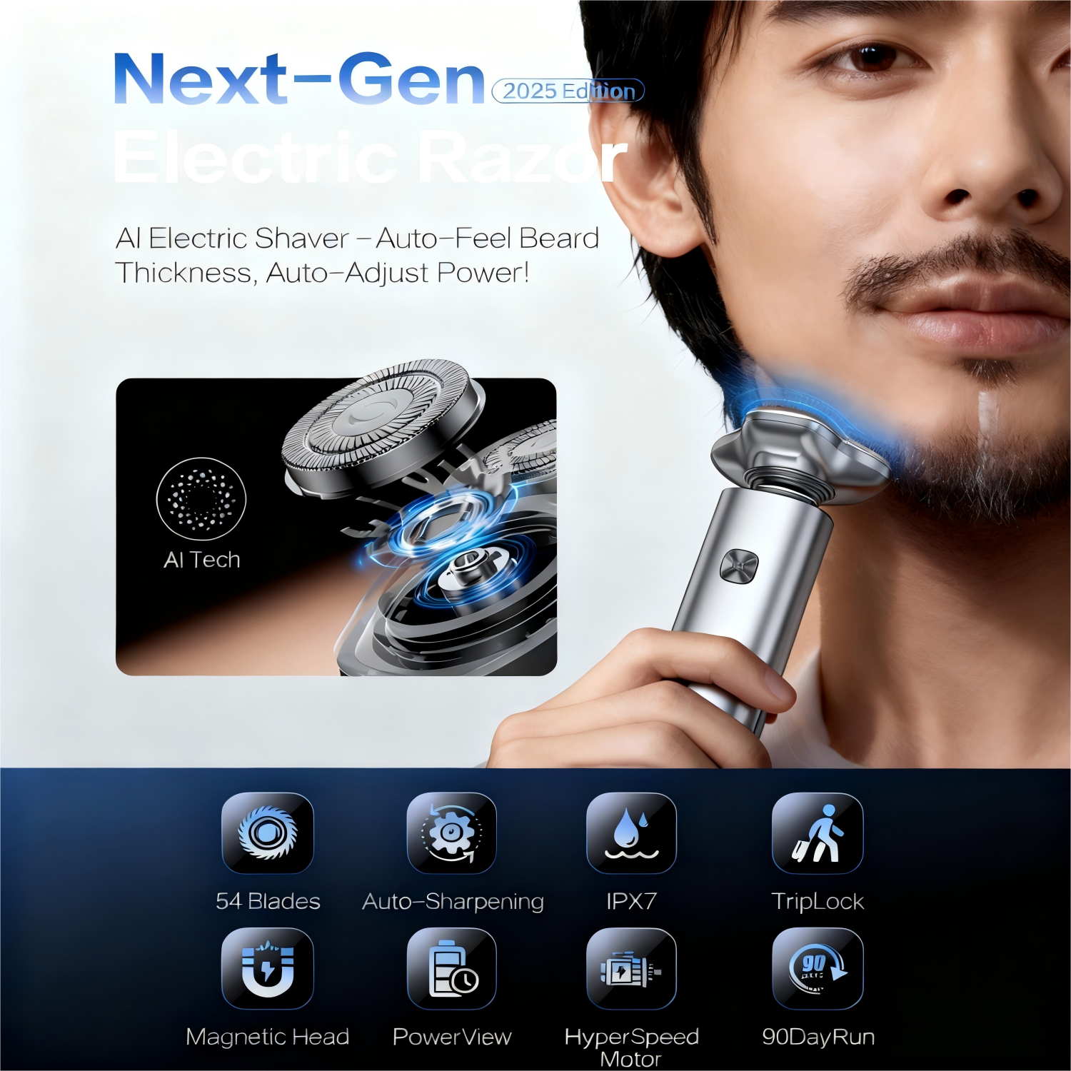 NICEBAY Electric Razor for Men, 3D Floating Head Rotary Shaver with LED Display, Type-C Fast Charging, IPX7 Waterproof, Travel Lock