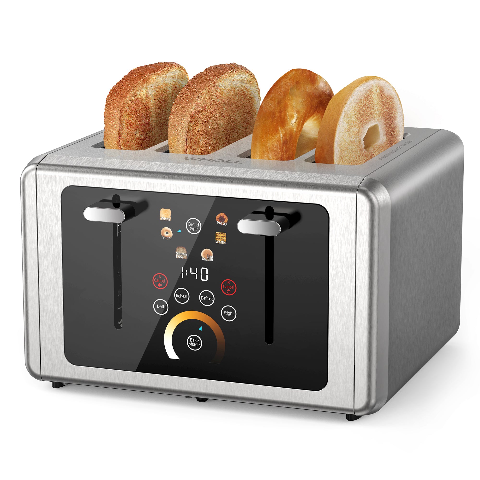 WHALL Touchscreen Toaster 4 Slice - Stainless Steel Toaster, 6 Shade Settings, 1.5 Wide Slots Toaster