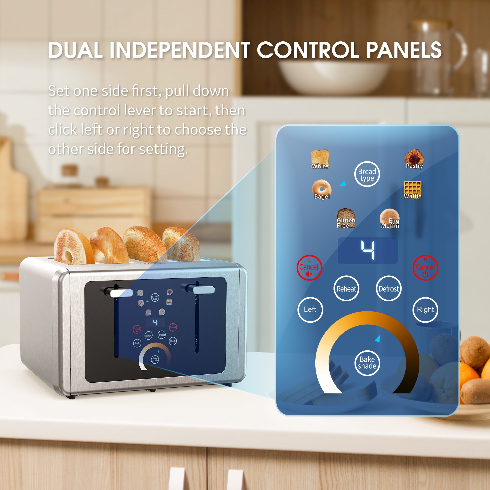 WHALL Touchscreen Toaster 4 Slice - Stainless Steel Toaster, 6 Shade Settings, 1.5 Wide Slots Toaster