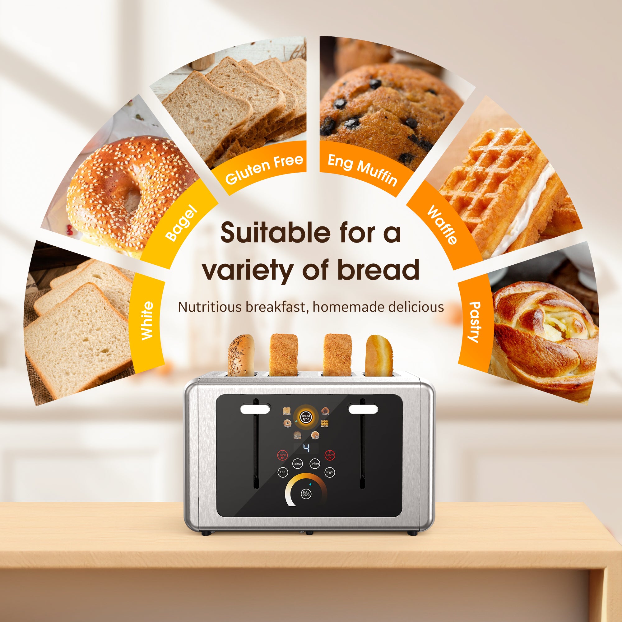 WHALL Touchscreen Toaster 4 Slice - Stainless Steel Toaster, 6 Shade Settings, 1.5 Wide Slots Toaster