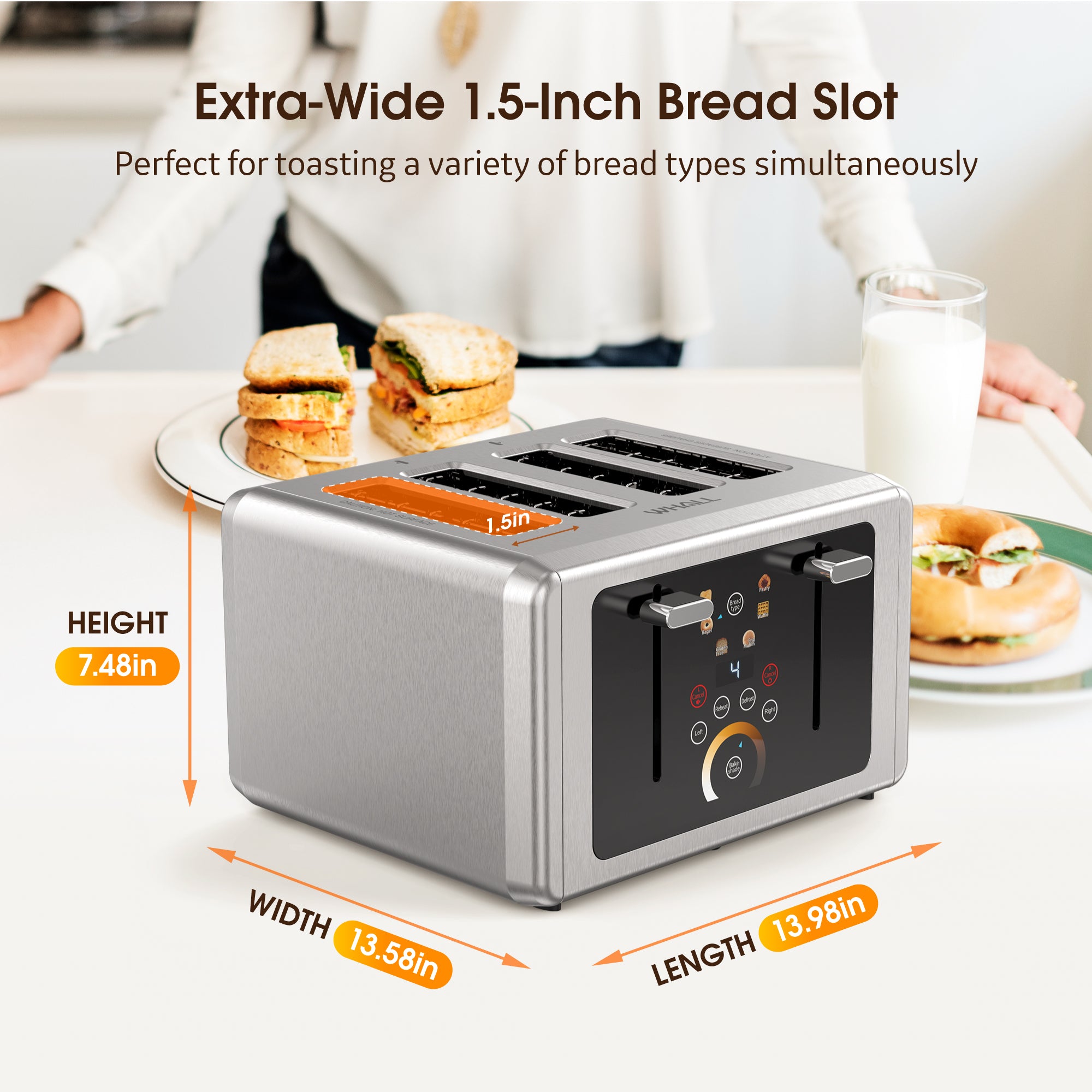 WHALL Touchscreen Toaster 4 Slice - Stainless Steel Toaster, 6 Shade Settings, 1.5 Wide Slots Toaster