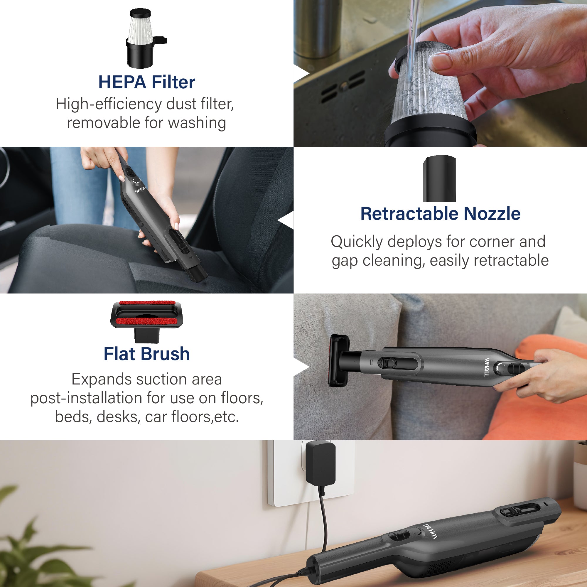 WHALL Cordless Handheld Vacuum Cleaner, Powerful Suction & LED Light, Suitable for Home and Car Cleaning